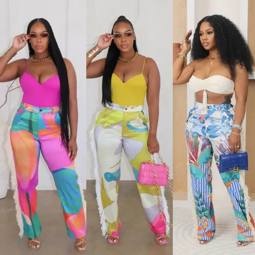 Printed fringe high waisted elastic waistband fringe pocket pants