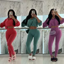 Drawstring waist and exposed navel top, high waisted tight pants set