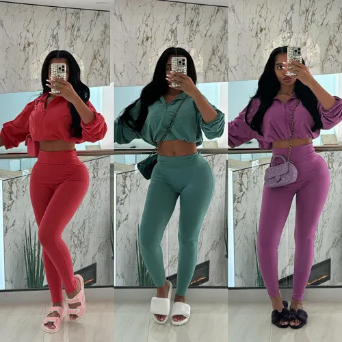 Drawstring waist and exposed navel top, high waisted tight pants set