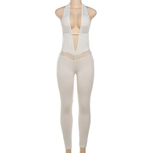 Hanging neck deep V-neck backless lace cut-out jumpsuit