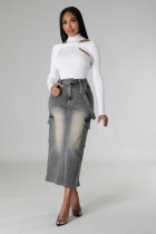 Elastic denim half length skirt