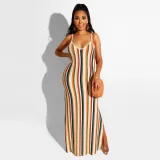 Colorful striped backless camisole slit nightclub skirt