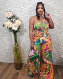 Two piece set of wide leg pants with printed cuffs and straps