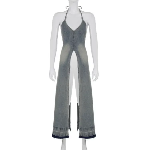 Chest hugging suspender sleeveless hanging denim skirt long skirt