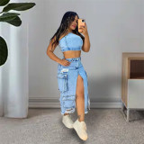 Split slit perforated multi pocket denim skirt