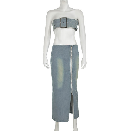 Chest hugging and navel revealing vest+lapel zipper waist hugging skirt set