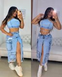 Split slit perforated multi pocket denim skirt