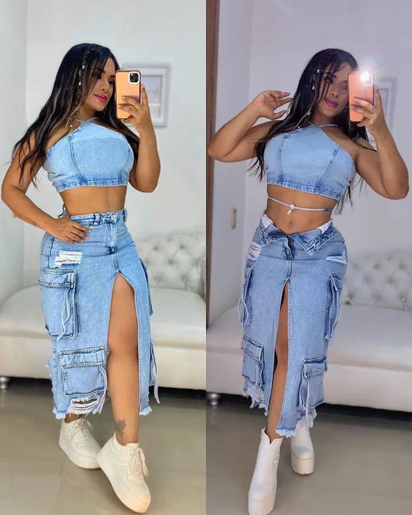 Split slit perforated multi pocket denim skirt