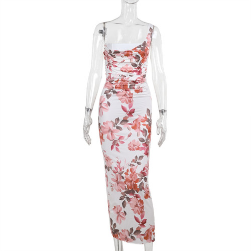 Printed waist cinched single shoulder camisole skirt