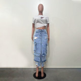 Split slit perforated multi pocket denim skirt