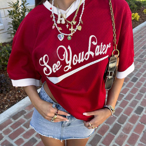 Letter printed small V-neck loose short sleeved T-shirt