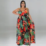 Strap backless printed sleeve dress
