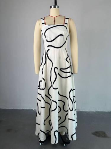Square collar printed waist cinching mid length camisole dress