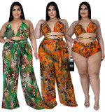 Large size women's vacation print three piece set