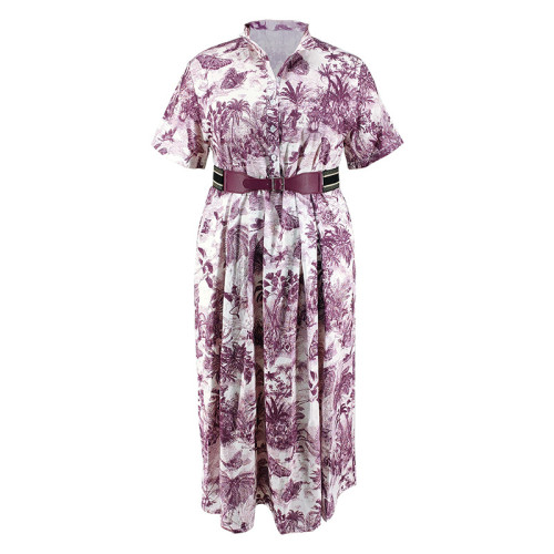 Large size women's printed stand up collar belt dress