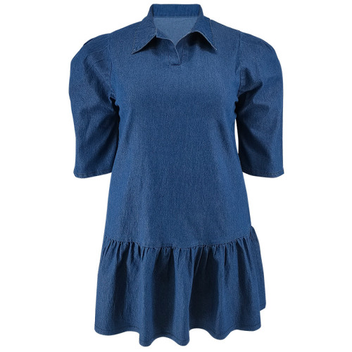 Large size women's denim collar short sleeved dress