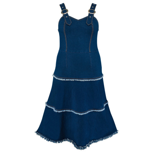 Large size long elastic suspender tassel sleeveless dress
