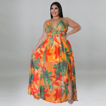 Strap backless printed sleeve dress