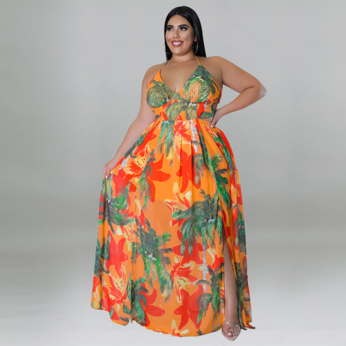 Strap backless printed sleeve dress