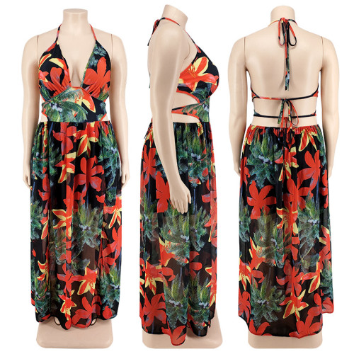 Strap backless printed sleeve dress