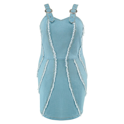 Large denim camisole fringe sleeveless short dress