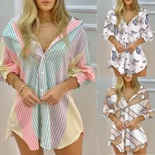 Long sleeved drawstring V-neck button striped shirt