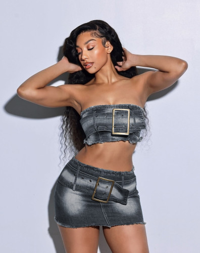 Strapless waistband elastic denim short skirt set