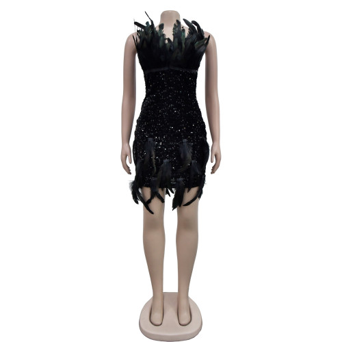 Women's feather sequin design sexy strapless