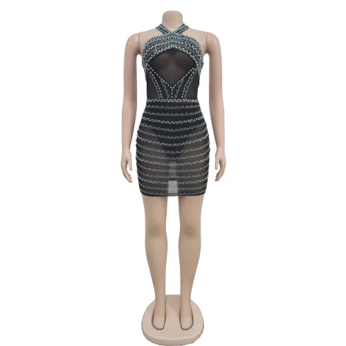 Women's mesh neck hanging dress