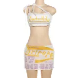Letter print backless lace up vest short skirt set