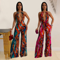 Women's printed sleeveless deep V color blocked backless long jumpsuit