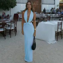 Deep V backless lace up neck dress