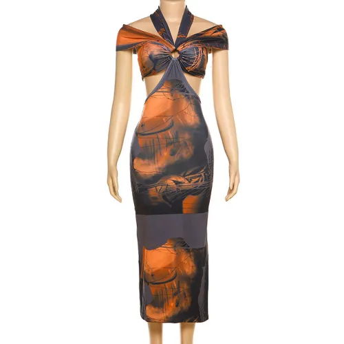 Hanging neck backless 3D printed dress