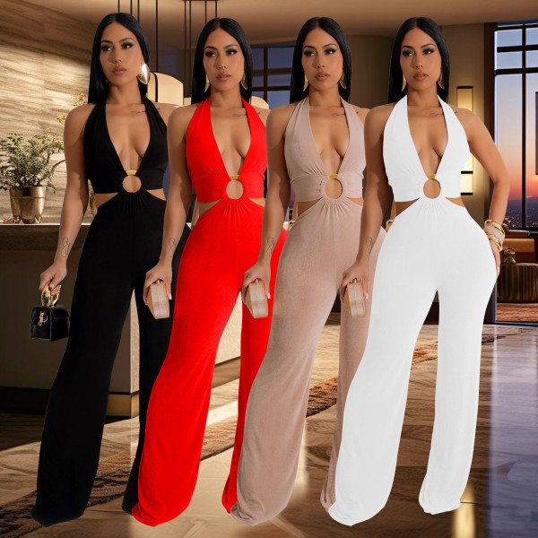 Women's solid color V-neck long pants jumpsuit