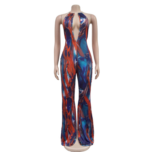 Women's printed sleeveless deep V color blocked backless long jumpsuit