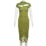 Slant neck hollow tassel knitted short sleeved dress