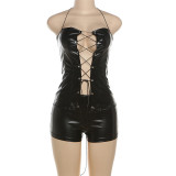 PU leather strap hanging neck and exposed navel pants set