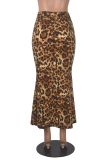 Leopard print half body wrapped buttocks fish tail long skirt