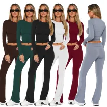 Long sleeved round neck pullover low waisted flared pants