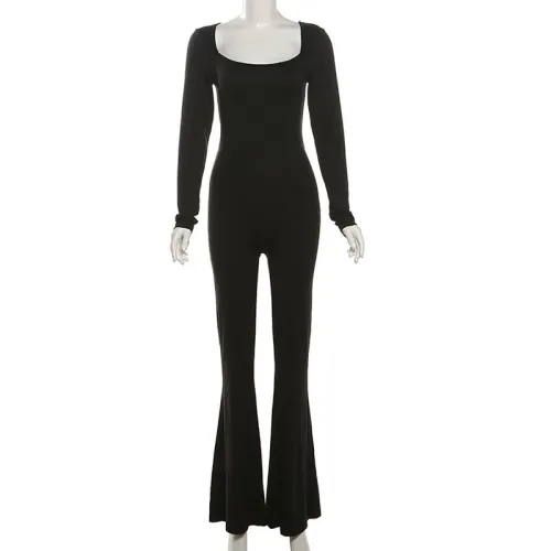 Square collar backless slightly flared tight jumpsuit