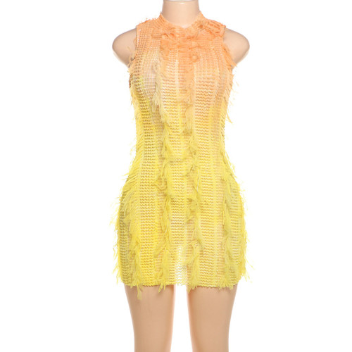 Sleeveless round neck gradient tassel high waisted dress