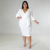 V-neck solid color mid sleeve tied dress