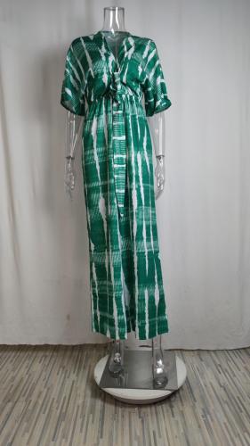 V-neck lace up loose seven quarter sleeve jumpsuit