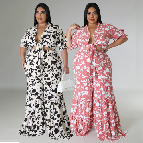 Two piece set of women's tie printed wide leg pants