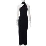 Single shoulder hanging neck backless temperament dress