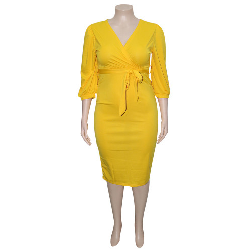 V-neck solid color mid sleeve tied dress