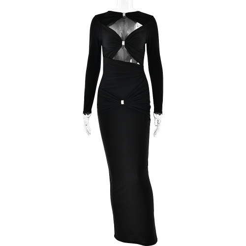 Hollow out round neck long sleeved dress