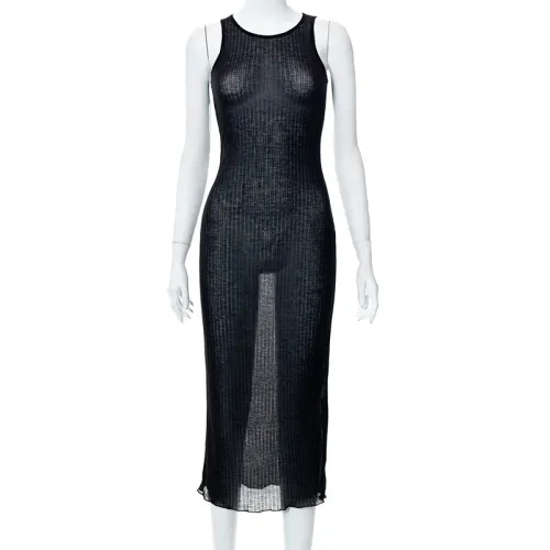 Threaded solid color round neck sleeveless slightly transparent dress