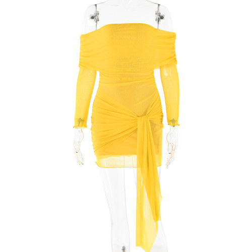 Skirt with strapless design, long sleeved, pleated, and hip hugging skirt
