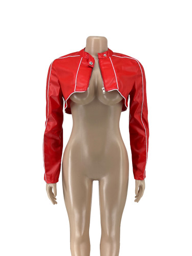 PU leather splicing line short jacket
